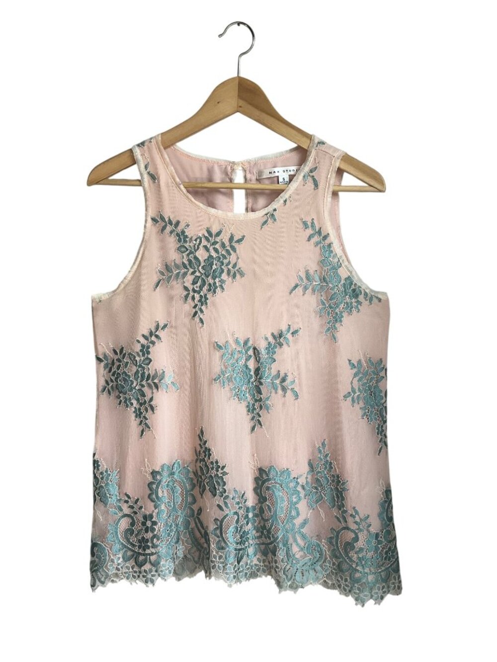 Max Studio S Pink Sleeveless Top Teal Floral Embroidery Mesh Lace Overlaid Fairy